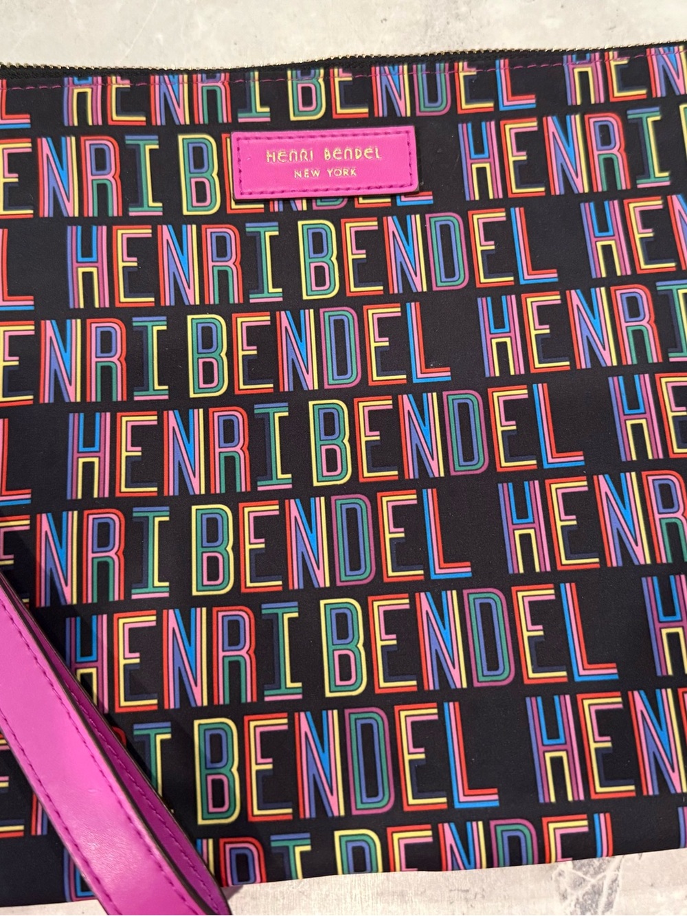 henri bendel Black Cosmetic Bag with Rainbow Logo Print and Pink Trim